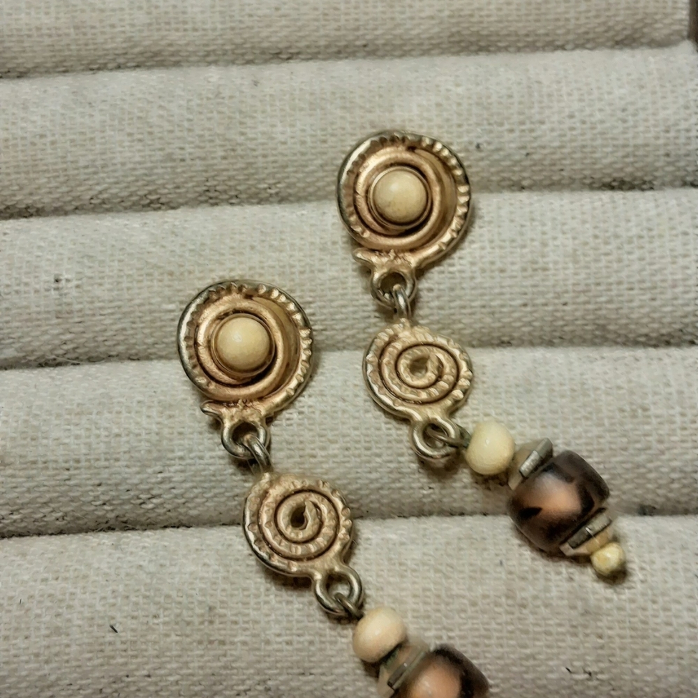 Gold-Tone Spiral Drop Earrings with Cream and Brown Beads